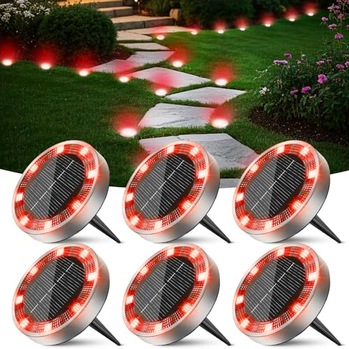 Peasur Solar Bodenleuchten Aussen, 6 Stück 8 LED Rot Solarlampen für Außen Garten Wetterfest, Solarleuchten Gartenbeleuchtung für Boden Weg Rasen Gehweg