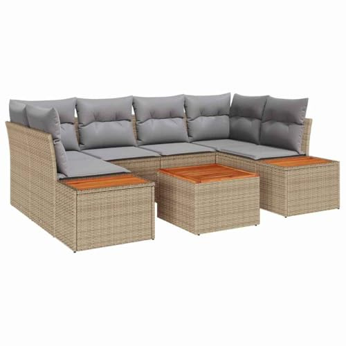 vidaXL 6-teiliges Garten-Sofaset mit Kissen in Beige und Hellgrau, aus Poly-Rattan. Die Sitzgruppe ist modular und ideal für draußen. Wetterfest, perfekt für die Terrasse.