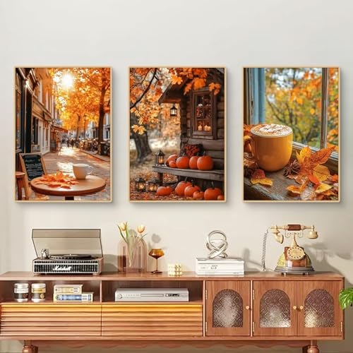 TROYSINC 3er Herbst Poster Set, Aesthetic Fallenblätter Kürbis Bilder Set, Gemütliche Nachmittagsteezeit Wandbilder Wohnzimmer Wanddeko für Schlafzimmer, Ohne Rahmen (50x70cm)