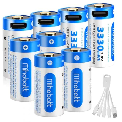 Mihobatt Pack of 8 3 V lithium-ion batteries, 3330 mWh, USB-C | Rechargeable replacement batteries with Type-C port, ideal for Arlo cameras, torches and other devices
