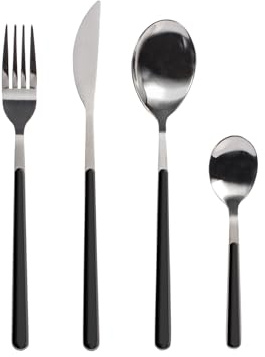 H&H Servizio 24 Posate Tavola Nova in Acciaio Inox, Manico in Plastica Nera – 6 Cucchiai, 6 Forchette, 6 Coltelli, 6 Cucchiaini – Lavabili in Lavastoviglie
