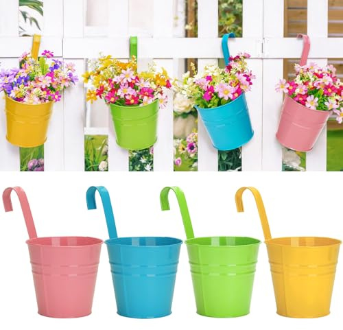 KINGLAKE 4Pcs 10cm Metal Hanging Plant Pots Colorful, Garden Fence Hanging Planters Bucket Flower Pots Holder Balcony Planters for Railing Garden Home Décor with Detachable Hook