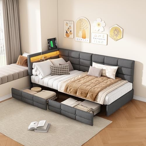 FEEOHOME Bett 90 x 200 cm mit Lattenrost, Einzelbett mit LED und USB, multifunktionales Schlafsofa mit 2 Schubladen und Lattenrost, Bettgestell für Jugendliche, Kinder
