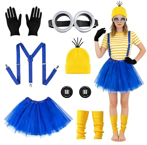 Yi'antai 8 Stück Karneval Gelbes Kostüm Damen, Gelbes Kostüm Cosplay, Gelb Mütze Tutu Rock Brille Handschuhe Knöpfe Fußhülle, Faschingskostüm für Erwachsener (Yellow)
