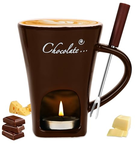 Vicloon Chocolate Fondue Mug with Forks, Chocolate Melting Cup, Cheese Warmer Cup, Ceramic Butter Melting Cups, Personal Light Candle Fondue Set for Home (Brown)