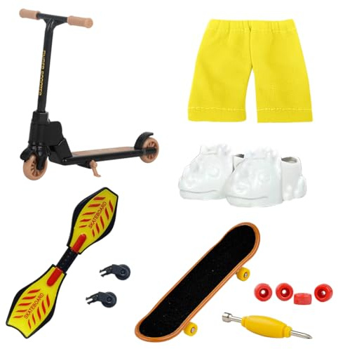 DIFLAX Mini Set di Giocattoli per Dita Set di Scooter di Finger Mazzo Tecnologico Fingerboard per Esercitarsi con Strumenti di Riparazione e Vestiti per Bambini Adulti Feste e Favori (Giallo)