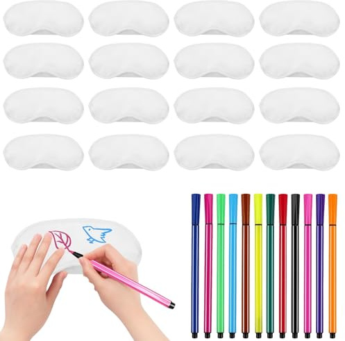 Bemalbare Schlafmasken, 16 Stück 18,5 X 8,5 cm weiße Augenabdeckungen, Reise-Schlafmasken mit 12 Farbstiften Weiche für Reisen Spiel und Beauty Routinen