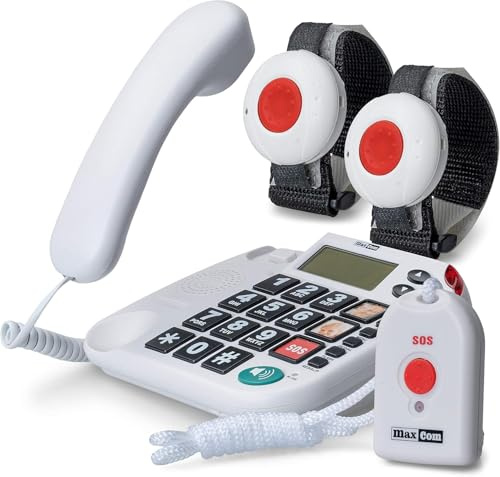 Maxcom KXTSOS: Seniorentelefon, schnurgebundenes Festnetztelefon mit 2 Armband- und 1 Umhängesender, großen Tasten + Adapterstecker
