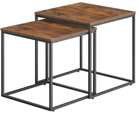 Couchtisch quadratisch 2er Set für Wohnzimmer – Beistelltische im Loft-Design, ineinander schiebbar, Sofatische aus Holzwerkstoff und Stahl, modern, platzsparend (Eiche rustikal)