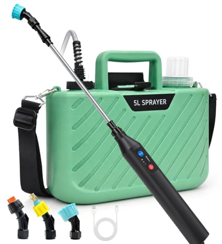 MANKIW Pulverizador a Presión con Batería de 5 L, Pulverizador Eléctrico con 3 Boquillas, Batería USB, Varilla Telescópica y Correa para el Hombro