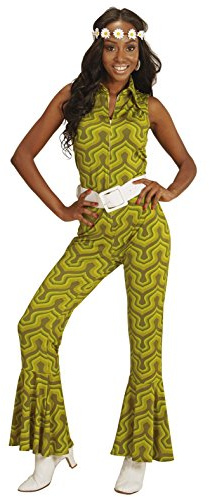 shoperama 70er Jahre Retro JUMPSUIT mit Tapetenmuster Grün Disco Damen Kostüm Overall Siebziger Schlager 70's