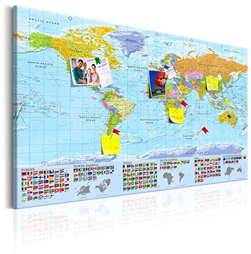 Pinnwand B&D XXL - Weltkarte zum pinnen - Pinnwand & Leinwandbild 90x60 cm 1 Teilig Kunstdruck modern Wandbilder XXL Wanddekoration Design Wand Bild - Landkarte Wandeko k-A-0204-v-a