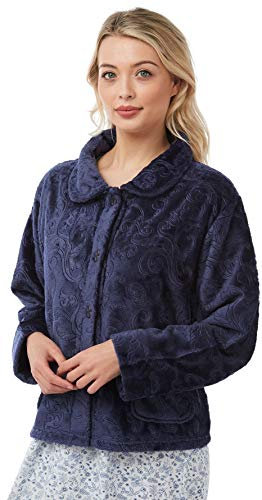 Lady Olga Vêtement de nuit en polaire gaufré doux disponible en 3 styles (peignoir avec fermeture éclair, peignoir avec boutons ou veste de nuit) - Bleu - 48