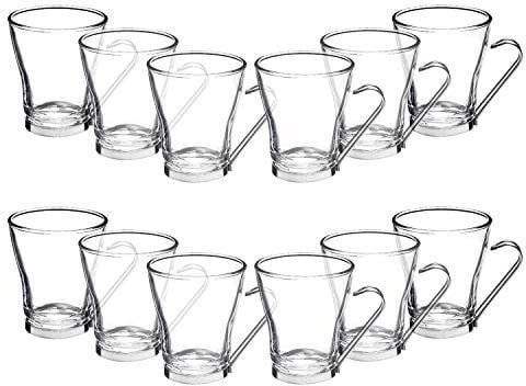 Lucenté Urban Living Large Glass Coffee Cups - 22cl / 220ml / 7.4oz Capacity - Set of 12 Cups - Contemporary Glass & Stainless Steel Design