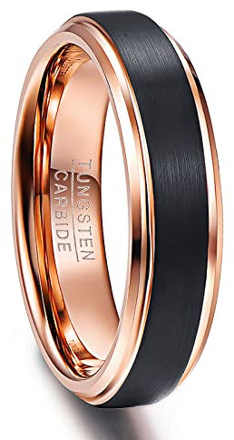 NUNCAD Ring Damen Rosegold 6mm mit Gebürsteter Oberfläche in Schwarz Unisex Fashion Ring aus Wolfram für Hochzeit Party und Alltag
