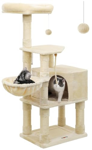 Feandrea Kratzbaum groß, 138 cm hoch, Katzenbaum mit Kratzbrett und 9 Kratzsäulen, Plattform, Höhle, Plüschball, mehrstufig, beige PCT060M01