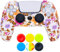 9CDeer 1 x Silicona Transferir Impresión Protector Grueso Cubrir Piel + 6 Apretones de Pulgar para Playstation 5 / PS5 Mando Flores Rosadas