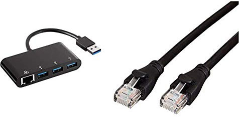 Amazon Basics 3-Port USB 3.0 Adapter with RJ45 Gigabit Ethernet Port, Black & RJ45 CAT6 Gigabit Ethernet LAN Cable, Ideal for Home and Office Networks (0.9 m/3 Feet)