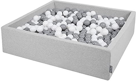 KiddyMoon Piscina De Bolas 120X30cm/200 Bolas El Cuadrado Grande para Ninos,Hecha En La UE, Gris Claro: Blanco/Gris