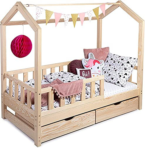 Sanmar Kinderbett Bett Hausbett 90x140 mit Rausfallschutz Lattenrost und Schubladen Bettgestell aus Kiefer Holz für Haus Kinder Jungen & Mädchen - Holzbett Baby Kinderzimmer Junge Deko