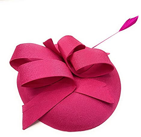 Sinamay Fabric Pillbox Hat Headband Abstract Loops Structure One Long Feather Fascinator Ascot Hatinator Races UK (Fuchsia Pink)