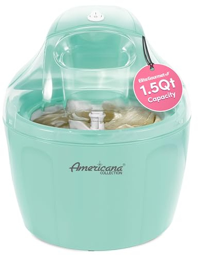 Americana EIM-1400M 1.5 Qt Freezer Bowl Automatic Easy Homemade Electric Ice Cream Maker, Ingredient Chute, On/Off Switch, No Salt Needed, Creamy Ice Cream, Gelato, Frozen Yogurt, Sorbet, Recipe Book