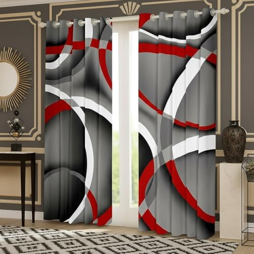 feelingyou Rot Grau Fenstervorhang 137x117cm,Moderne Zusammenfassung Vorhänge für Kinder Mädchen Gedrucktes,Retro-Kreis-Mode Gardine 2er-Set Fenster Vorhänge