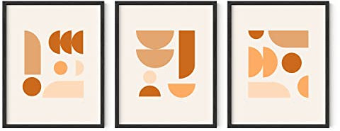 HAUS AND HUES Boho-Poster, Boho-Bilder, Wanddekoration, Set mit 3 geometrischen Bildern, Mitte des Jahrhunderts, moderne Kunst, Bauhaus-Poster, abstrakte Wandkunst, Orange, neutrale Kunst (28,9 x 35,6