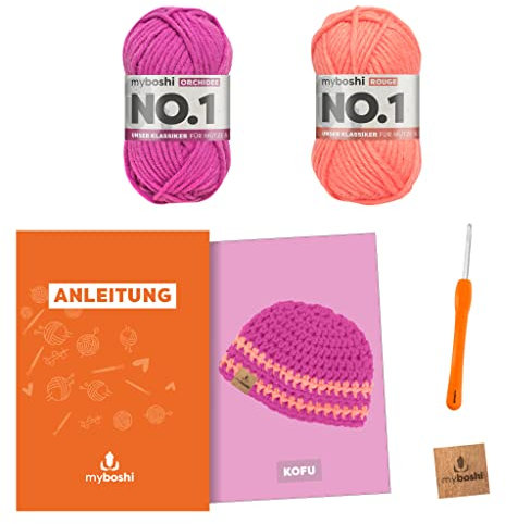 myboshi Häkelset Babymütze Kofu, inkl. No.1 Wolle, Nadel und Anleitung, original Label, Häkelpaket, 30% Merinowolle Rosa, Pink mit Häkelnadel