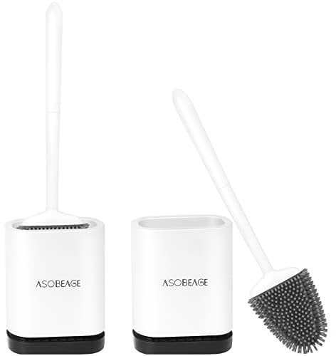 ASOBEAGE Silicone Toilet Brush: Flexible Head, Long Handle, Wall-mounted, Quick-drying Holder for Bathroom Clean (White, 2 Packs)