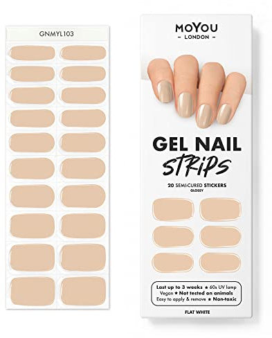 MOYOU LONDON Halbgehärtete UV Gel Strips - 20 Stück - Gel-Nagelfolien UV Härtend für Maniküre in Salonqualität - Flat White
