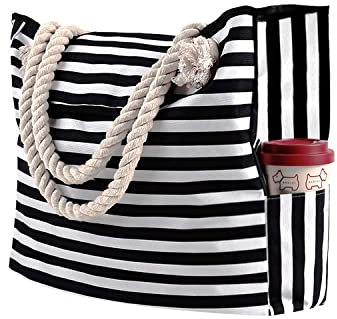 JFAN Strandtasche Damen Groß mit Magnetknopf Gestreifte Strandtasche XXL Familie Shopper 52 x 45 x 15 cm Schwarze Gestreift