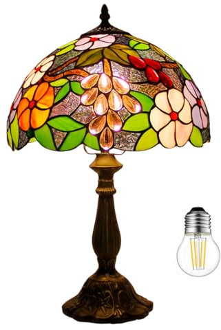 Kinbolas Tischlampe im Tiffany Stil,Vintage Nachttischlampe Schlafzimmer,Retro Deko Lampe,Jugendstil Tischleuchte,Traube Blume Bunt Glas lampenschirm 30cm mit Kabel und E27 LED Glühbirne(D-4)