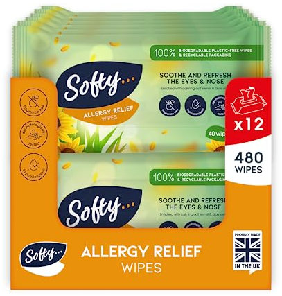 Softy Allergy Relief Wipes - Gentle & Delicate for Sensitive Skin, Bulk Buy (12 Boxes x 40 Tissues, Totalling 480 Wipes)