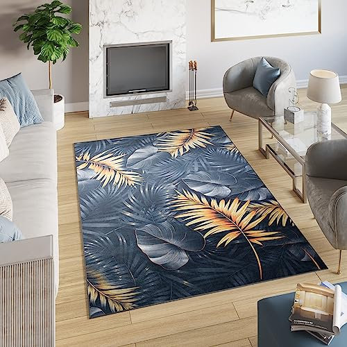 TAPISO Toscana Teppich Bedruckter Teppich Schwarz Dunkelblau Gelb Jungle Blätter Waschbar rutschfest Wohnzimmer Schlafzimmer Büro Modern Design 200 x 300 cm