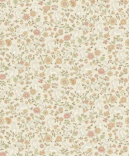 Grandeco Liberty Floral Bunny Trail Nursery Textured Wallpaper Natural Beige JS3103