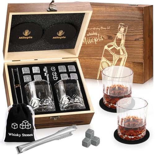Royouzi Ensemble de Verres à Whisky, Coffret Cadeau, 8 Pierres à Whisky et 2 Verres à Whisky torsadés et 2 sous-Verres, Cadeaux pour Hommes