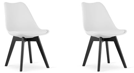 NMK HOME Juego de 2 sillas de Comedor Blancas – Asiento de plástico con tapizado de Polipiel y Patas Negras de Polipropileno, diseño Elegante y cómodo.