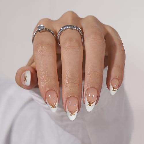 BTArtbox Press on Nails Short -White Designed French Tip False Nails Almond with Bow, Natural Stick On Nails in 16 Sizes - 30 Fake Nail Kit, Dinner Star