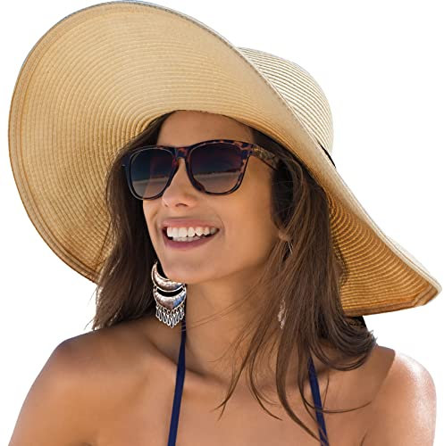 DRESHOW Chapeau de Paille Pliable pour Femme Chapeau de Soleil UPF 50+, Taille unique, Wide brim sun hat: khaki