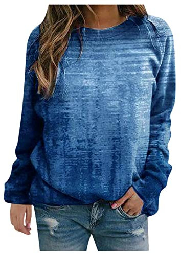 Skang Shirt Damen Sommer Elegant Frauen Lose Lässige Lange Druck Crewnecks Sweatshirts Ärmel-Com T-Shirts Therme Frauenbluse Karo Kauer Damen (Blue, XXXL)