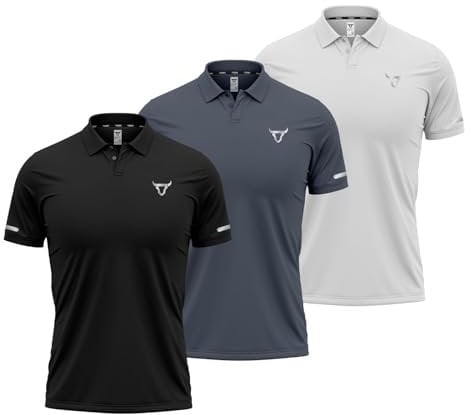 TORO ACTIVA Pack of 3 Mens Polo T Shirt Breathable and Lightweight Quick Dry 3 Button Ribbed Collar Comfortable Short Sleeve Polo Shirt