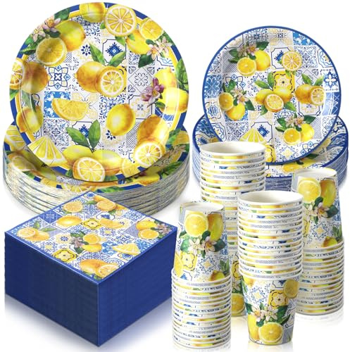 Hsei Lot de 250 assiettes et serviettes de table Capri Citron - Décorations de fête jetables - Service de table pour 50 invités - Vaisselle pour fête prénuptiale