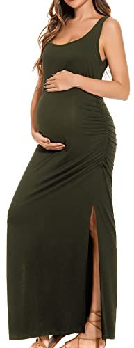 Smallshow Women's Long Maternity Dress Split Sleeveless Pregnancy Clothes,Army Green,M