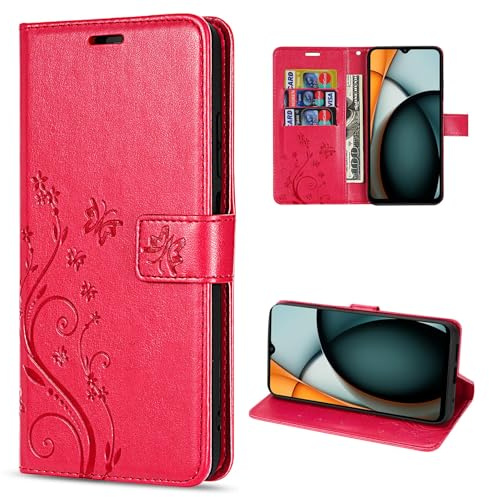 betterfon Hülle Kompatibel mit Xiaomi Redmi A3 | Premium PU Leder Handyhülle Wallet Case für Redmi A3 | Schutzhülle Blumen Klapphülle Handyhülle | Rot