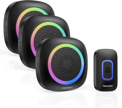 TECKNET Kabellose Türklingel für den Außenbereich, wasserdicht, 400 m, IP66, wasserdicht, kabellose Türklingel mit Batterie, 3 Empfänger mit RGB-Licht, 60 Melodien und 5 Stufen, kabellose Türklingel