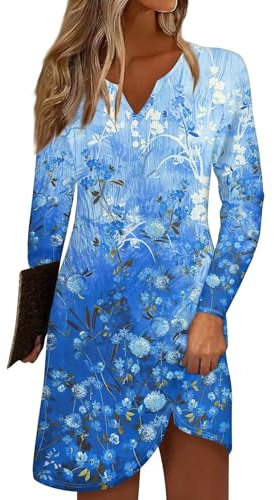 RMBLYfeiye Temu Shop Kleidung Damen Abendkleid Damen Lang Elegantes Kleid Damen Festlich Mittelalter Kleid Damen Blumen Bedruckt Langarm Strandkleid Knof Blau XXL