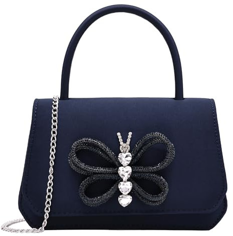 Milisente Retrostil Seide Clutch Damen oben Griff Abendtasche Strass Schmetterling Schultertasche Handtasche (Topgriff Kristalle Schmetterling Navy)