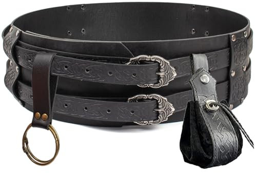 SUMGOGO 3PCs Medieval Wide Belt Leather Male Waist Armor Knight VikingCorset Renaissance Belt Pouch Halloween Cosplay Costume (Black)