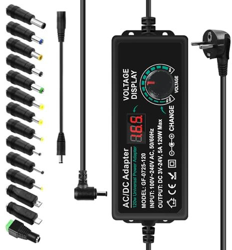 Comius Sharp Fuente de Alimentación Universal, 3V-24V 5A 120W Adaptador de Corriente Ajustable, Convertidor de 100V-240V AC a DC con 14 Puntas, para Dispositivos Electrónicos Domésticos